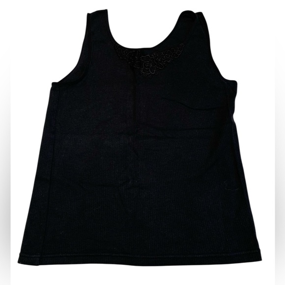 Vintage Carroll Reed Black Ribbed Tank Top Camisole Lace Floral Appliqué L/G - Picture 1 of 6